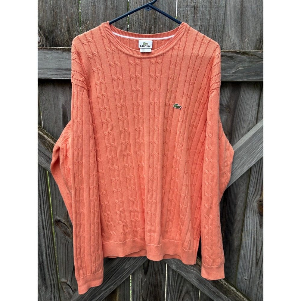 Lacoste Mens Cable Knit Cotton Sweater Orange Coral Crew‎ Neck Size 7 XL 1086L